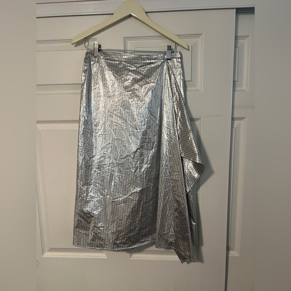 COS $175 Metallic Silver Striped Asymmetrical Wrap‎ Midi Skirt Romania Holiday - Picture 5 of 9